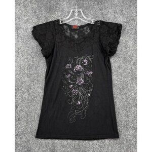 Spiral Y2K Goth Black Women’s Medium Lace Layered Cap Sleeve Rose Whimsigoth